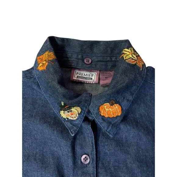 Vintage 90s Premier International Denim Blouse Womens M Removable Collar Pumpkin - Picture 4 of 16
